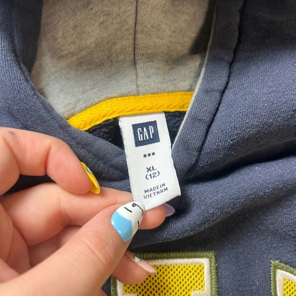 Gap Hoodie Kids XL 12 Navy Blue Yellow Logo Applique‎ Fleece Pullover Sweatshirt